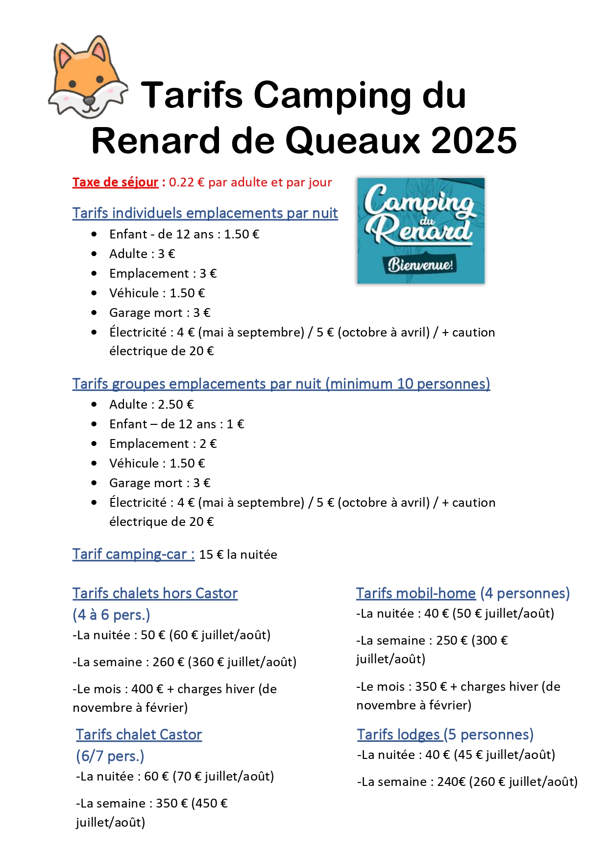 Tarifs Camping du Renard de Queaux 2025 page 0001